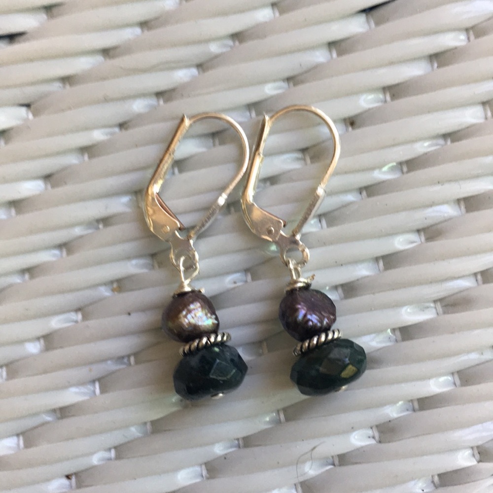 Kyanite and black pearl earrings with real silver